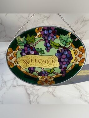 Joan Baker Designs Oval Glass Hand Painted Window Art Suncatcher “Welcome”